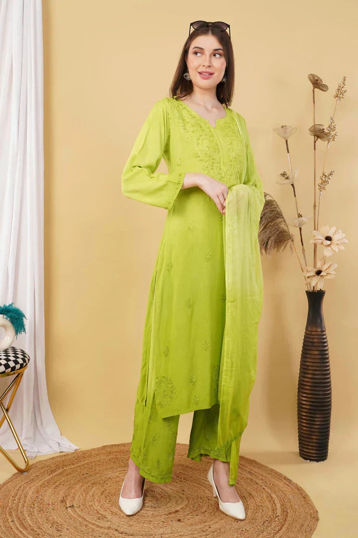 Ombre Dyed Shaded Rayon Chikankari Kurti, Palazzo and Dupatta Set.