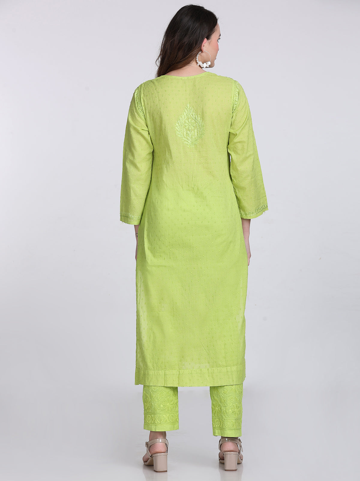 Dyed Cotton Chikankari Kurti & Lycra Pant Set, Pockets Both Side of the Pant