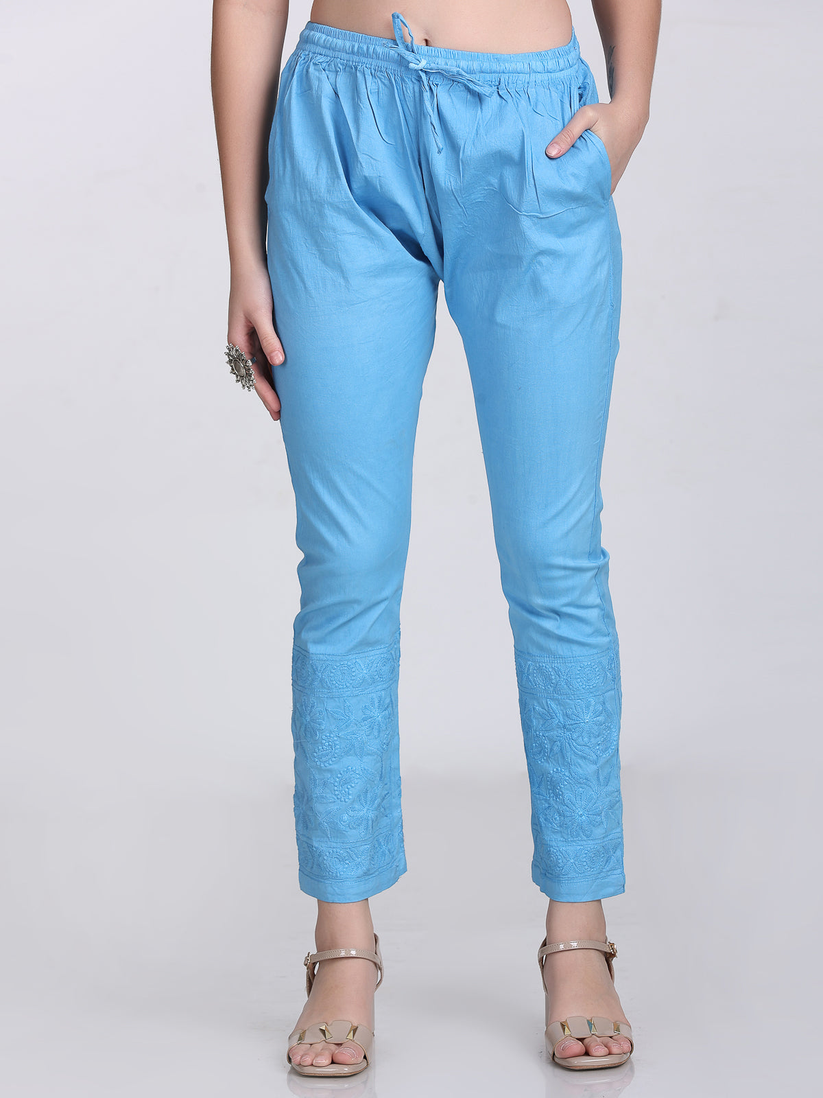Dyed Cotton Chikankari Kurti & Lycra Pant Set, Pockets Both Side of the Pant