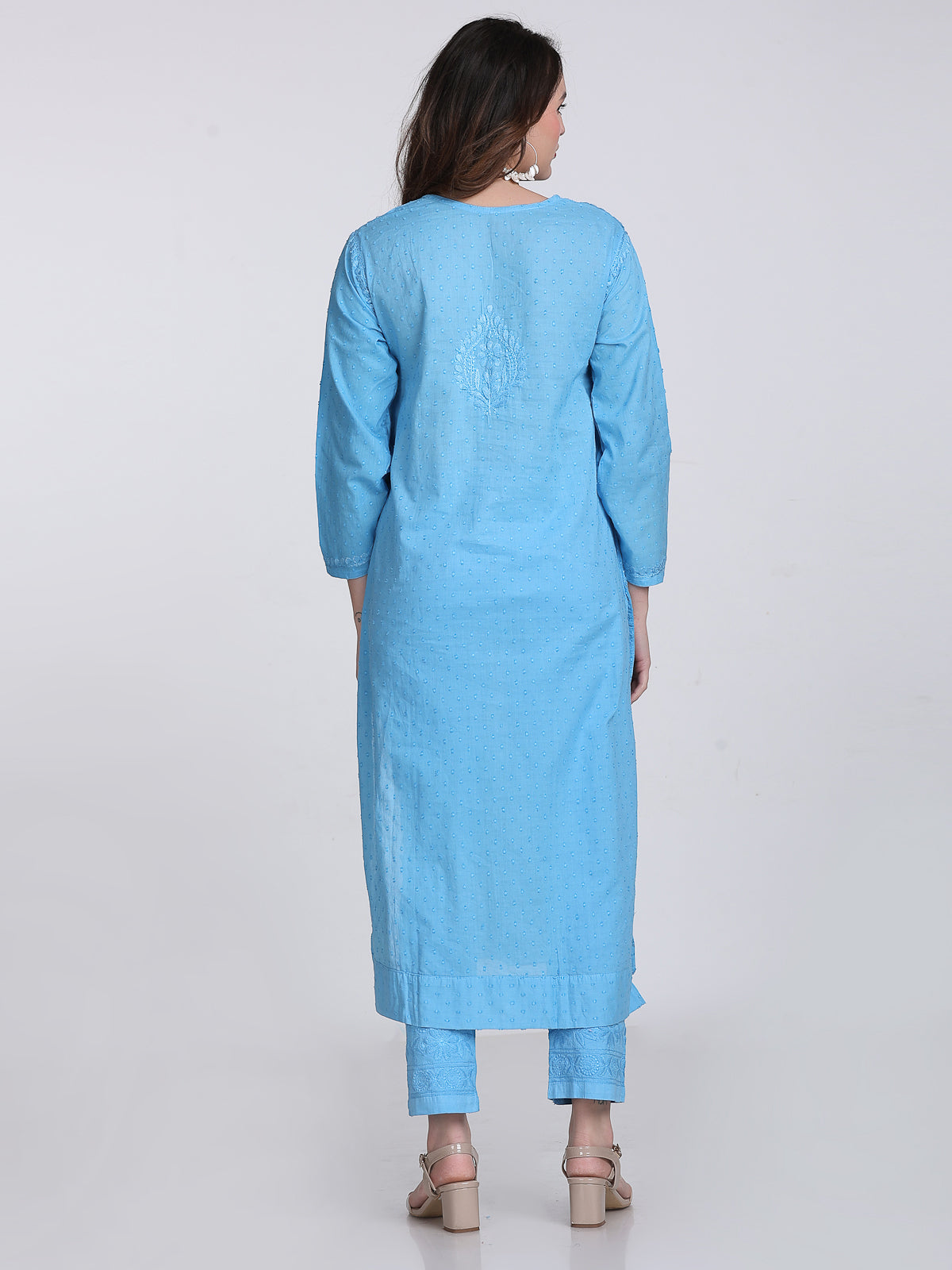 Dyed Cotton Chikankari Kurti & Lycra Pant Set, Pockets Both Side of the Pant