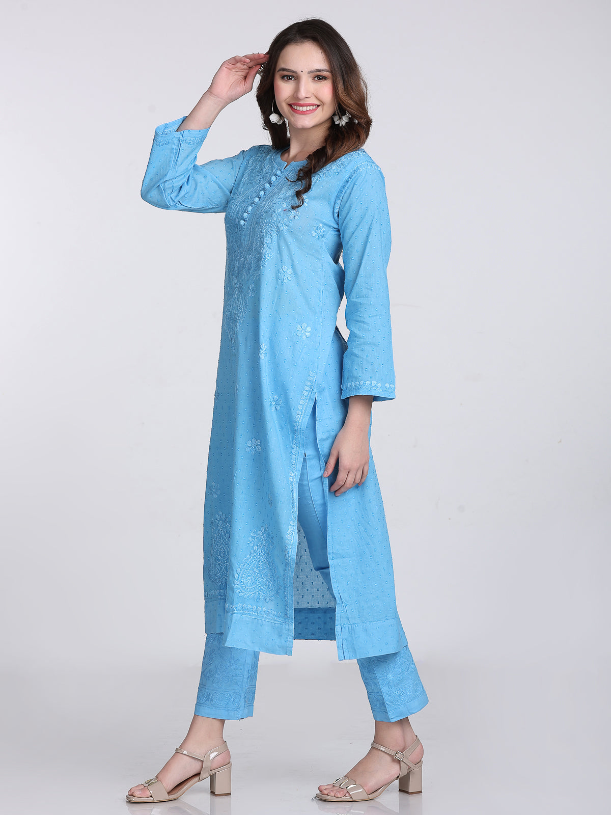 Dyed Cotton Chikankari Kurti & Lycra Pant Set, Pockets Both Side of the Pant