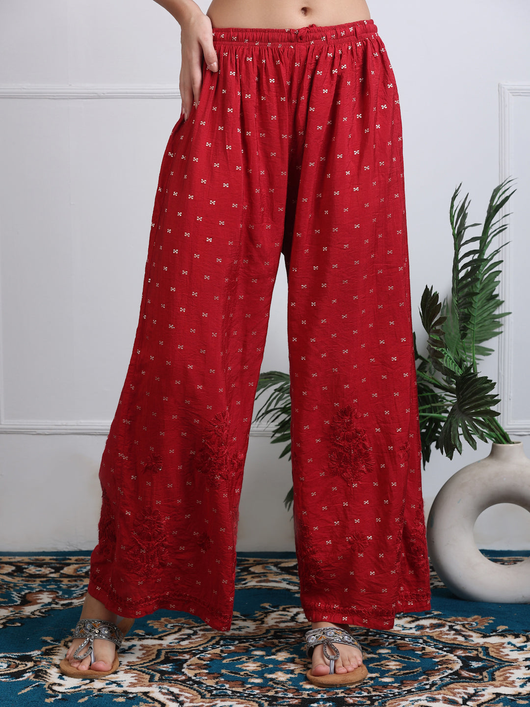 Women's Premium Dyed Chanderi Silk Chikankari Kurti and Palazzo Set