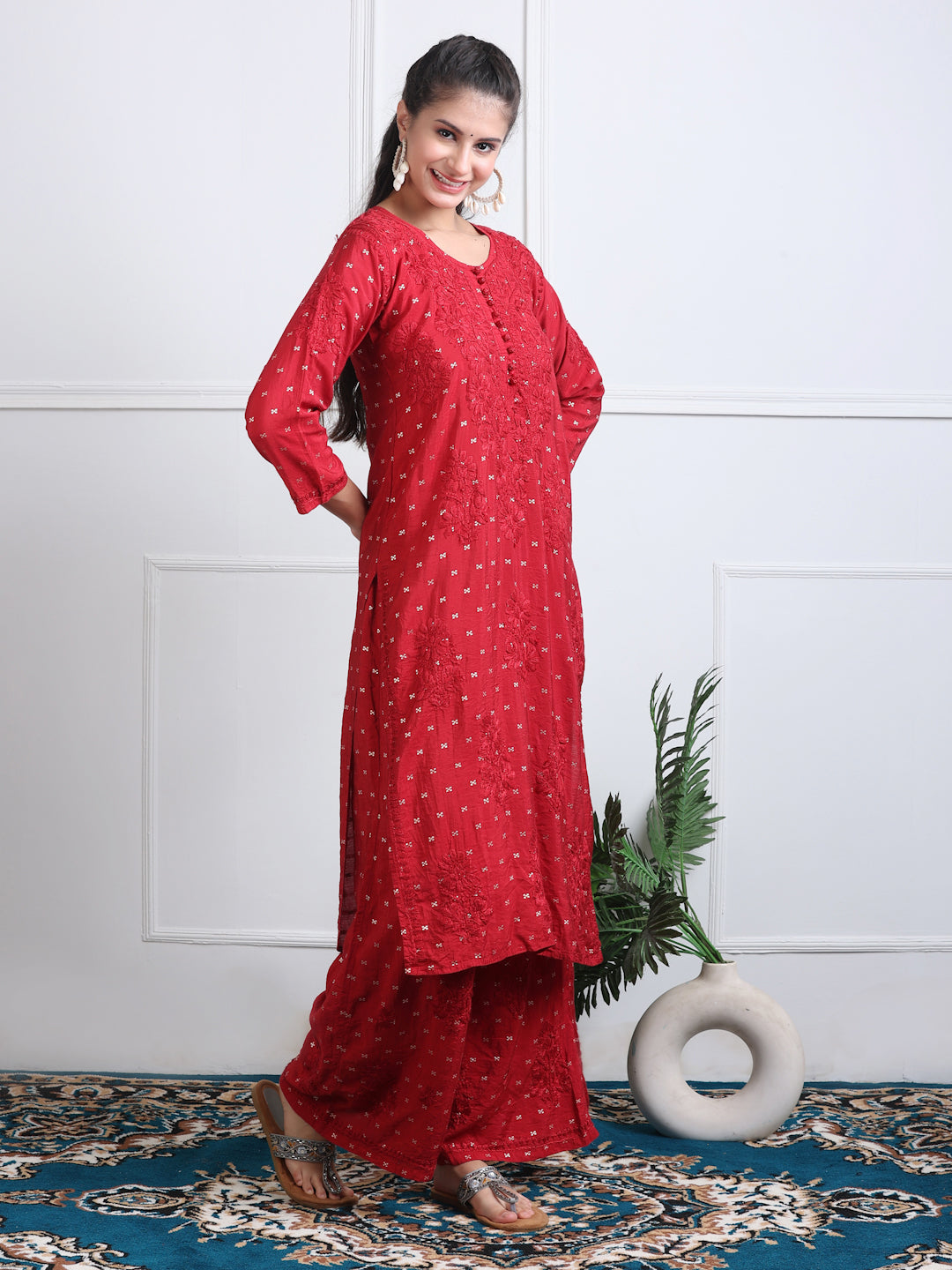 Women's Premium Dyed Chanderi Silk Chikankari Kurti and Palazzo Set