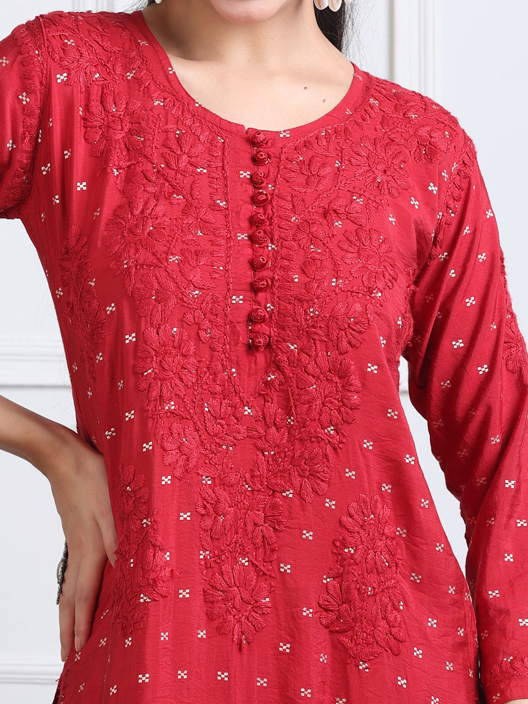 Women's Premium Dyed Chanderi Silk Chikankari Kurti and Palazzo Set