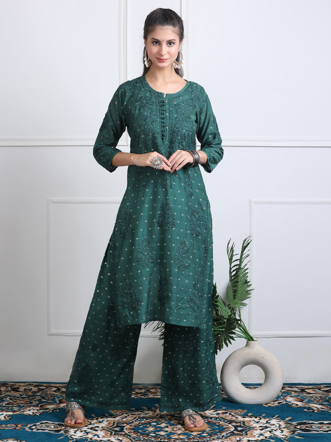 Women's Premium Dyed Chanderi Silk Chikankari Kurti and Palazzo Set