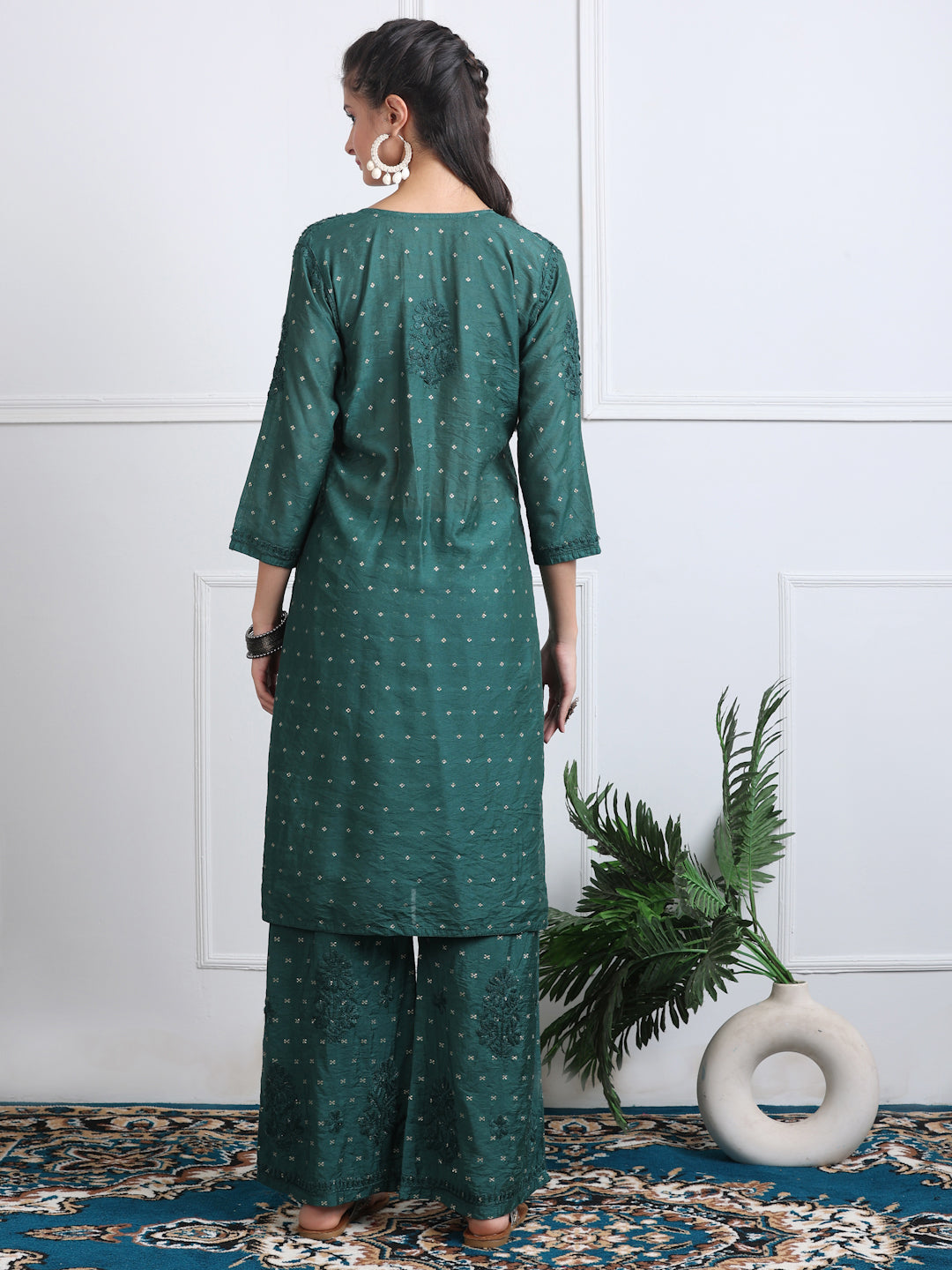 Women's Premium Dyed Chanderi Silk Chikankari Kurti and Palazzo Set