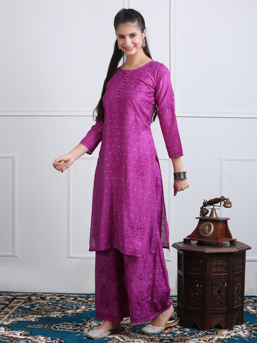 Women's Premium Dyed Chanderi Silk Chikankari Kurti and Palazzo Set