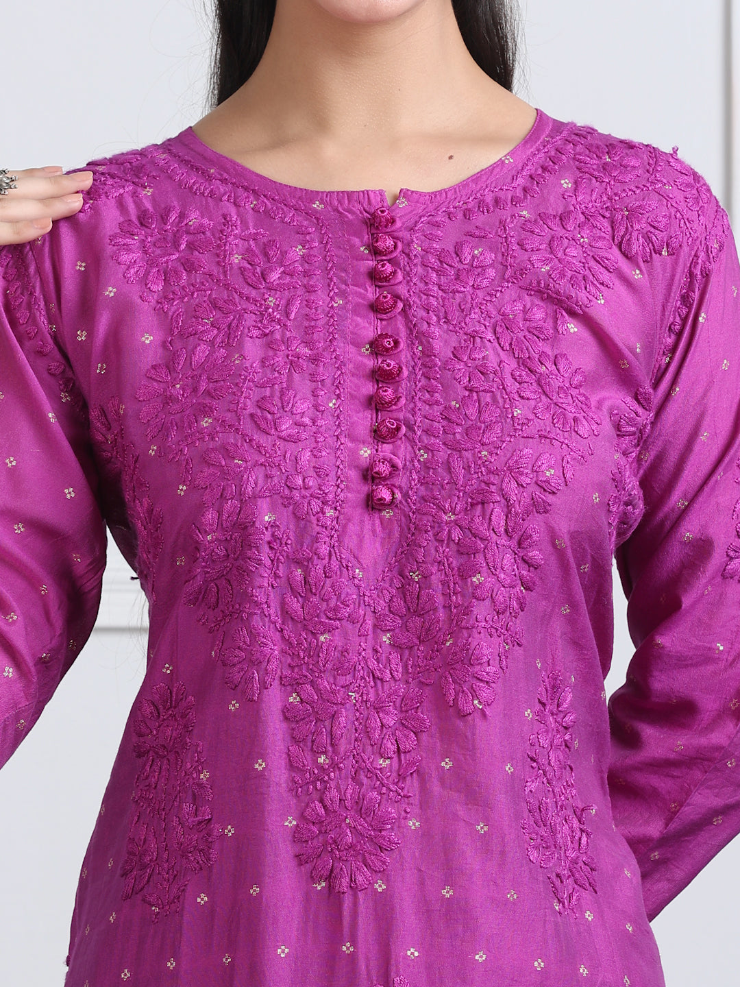 Women's Premium Dyed Chanderi Silk Chikankari Kurti and Palazzo Set