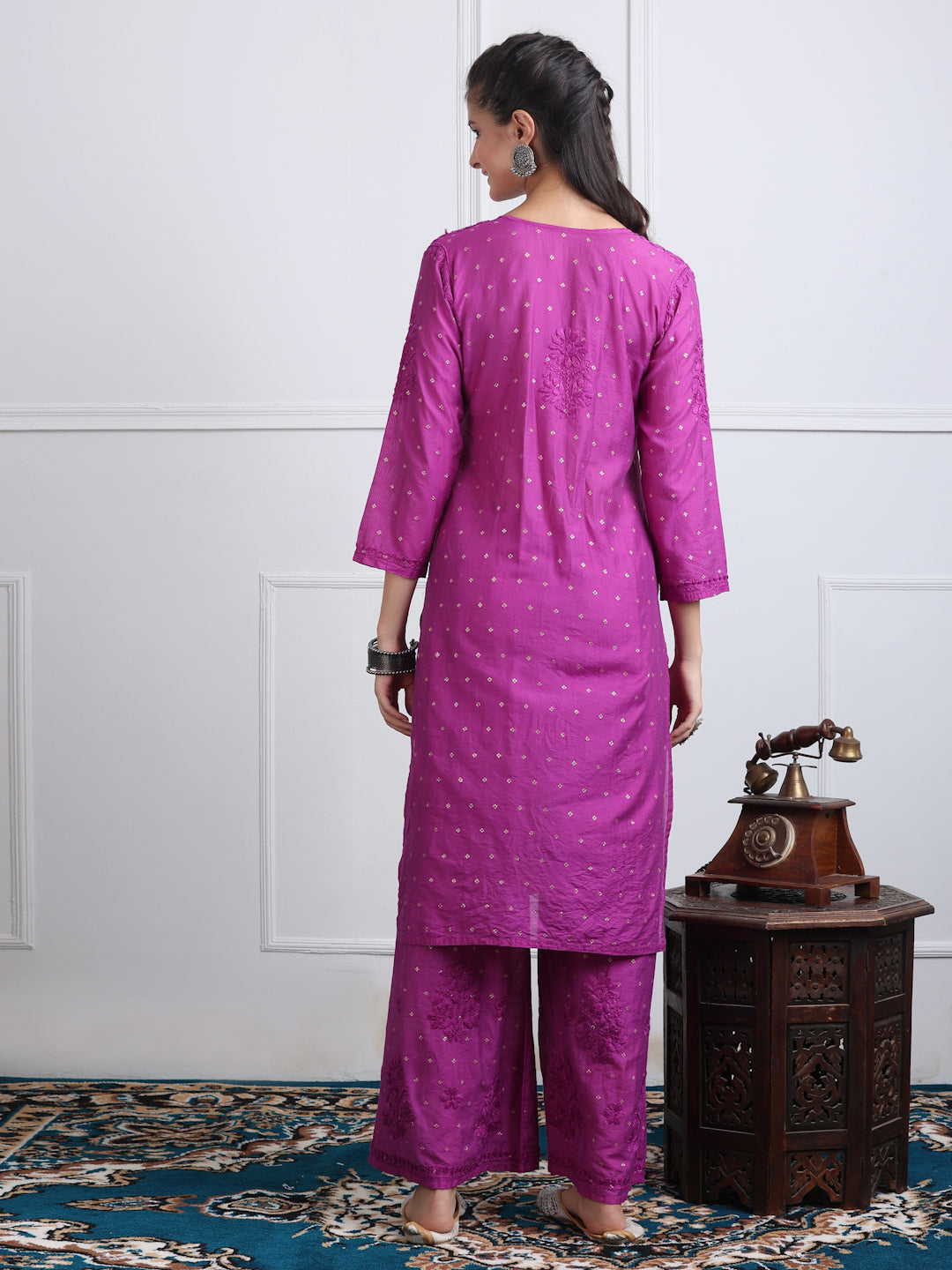 Women's Premium Dyed Chanderi Silk Chikankari Kurti and Palazzo Set