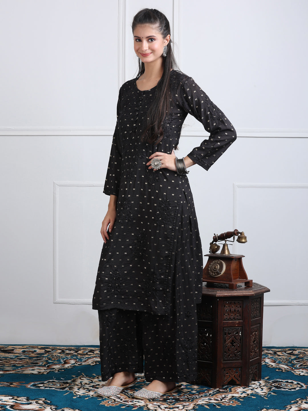 Women's Premium Dyed Chanderi Silk Chikankari Kurti and Palazzo Set