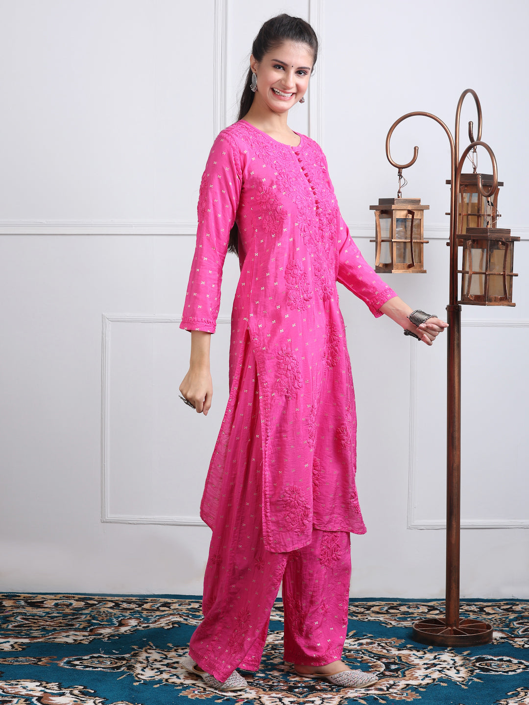 Women's Premium Dyed Chanderi Silk Chikankari Kurti and Palazzo Set