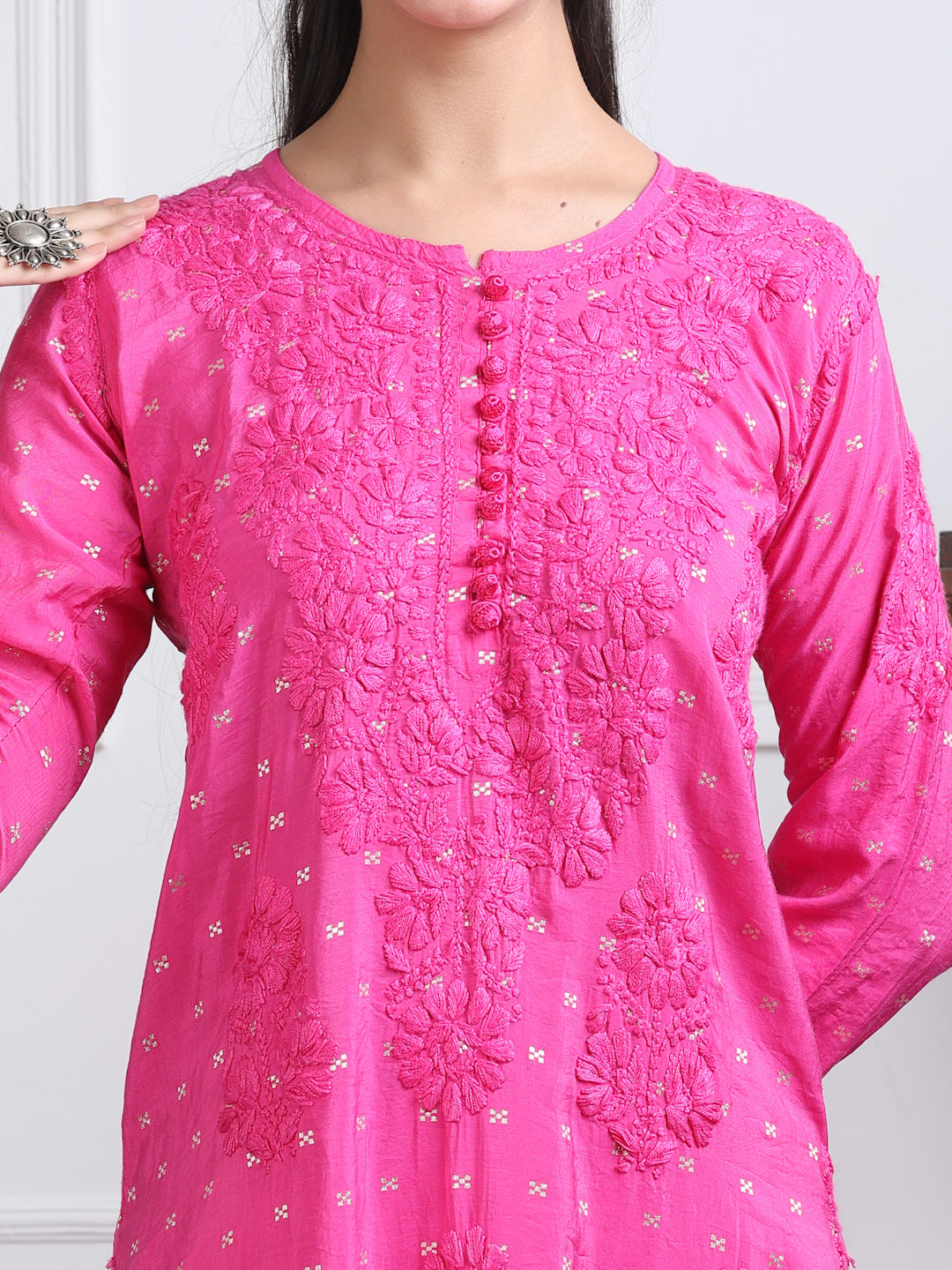 Women's Premium Dyed Chanderi Silk Chikankari Kurti and Palazzo Set