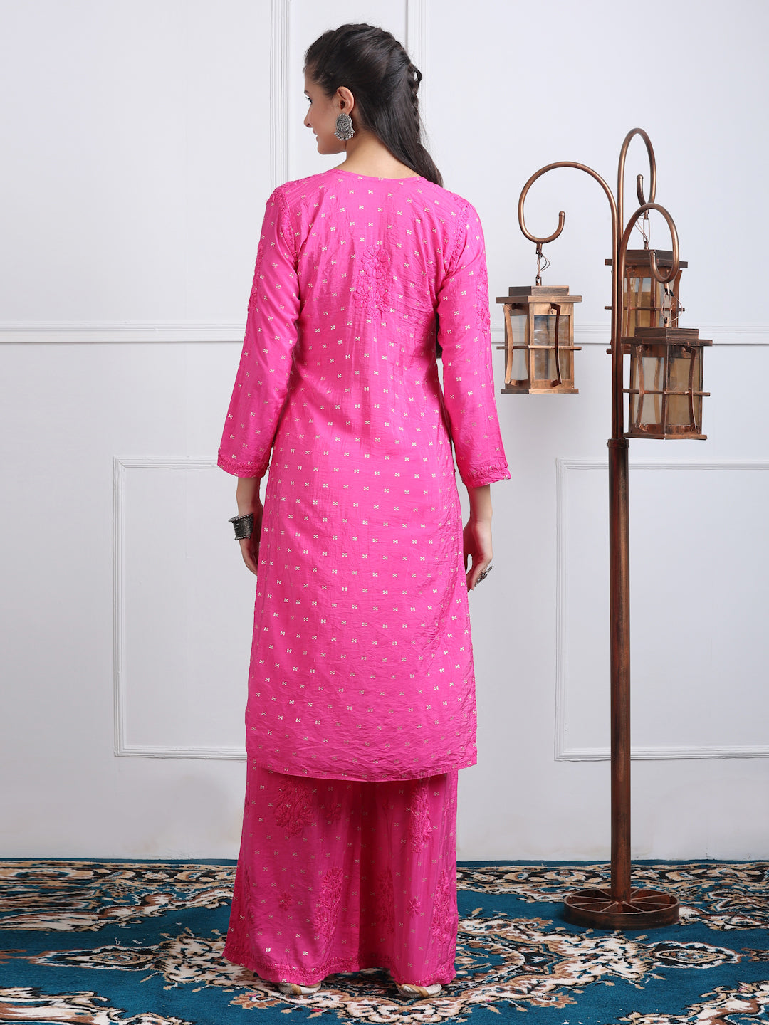 Women's Premium Dyed Chanderi Silk Chikankari Kurti and Palazzo Set