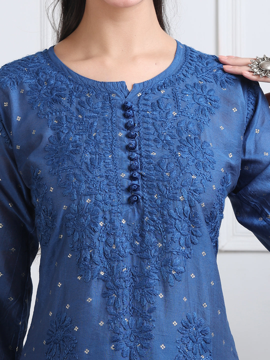 Women's Premium Dyed Chanderi Silk Chikankari Kurti and Palazzo Set