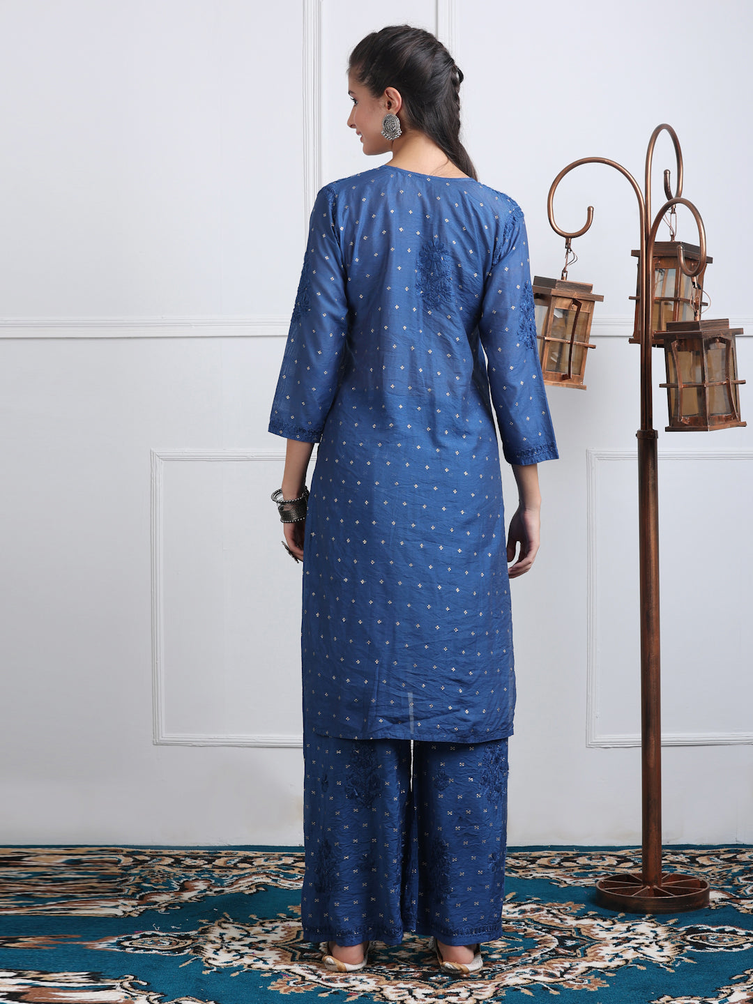 Women's Premium Dyed Chanderi Silk Chikankari Kurti and Palazzo Set