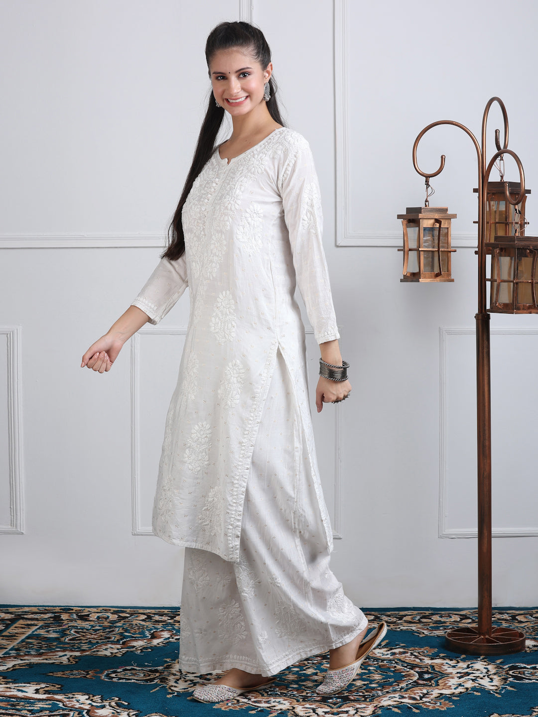 Women's Premium Dyed Chanderi Silk Chikankari Kurti and Palazzo Set