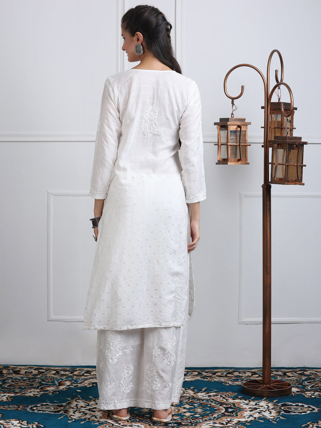 Women's Premium Dyed Chanderi Silk Chikankari Kurti and Palazzo Set