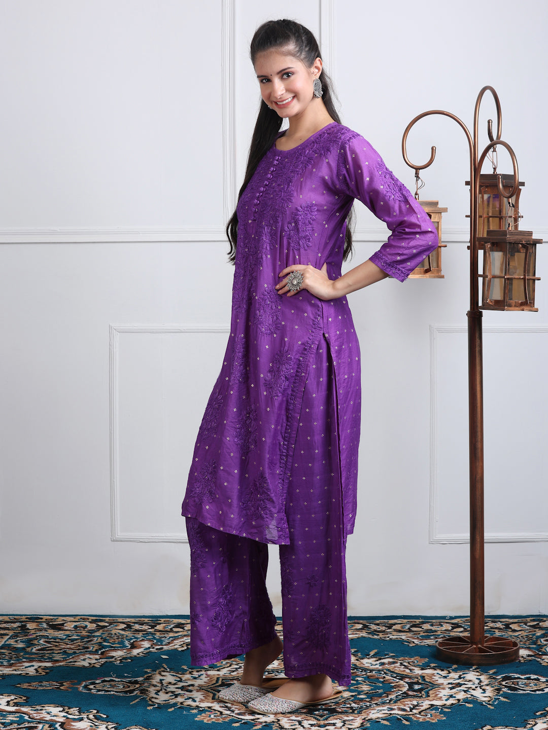 Women's Premium Dyed Chanderi Silk Chikankari Kurti and Palazzo Set