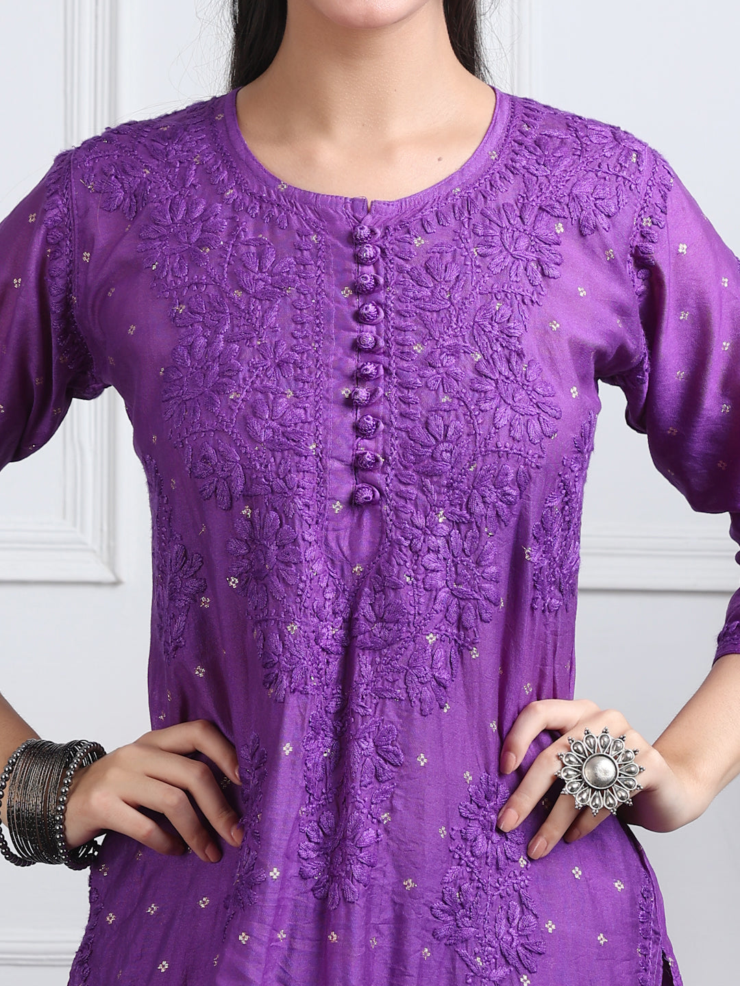 Women's Premium Dyed Chanderi Silk Chikankari Kurti and Palazzo Set