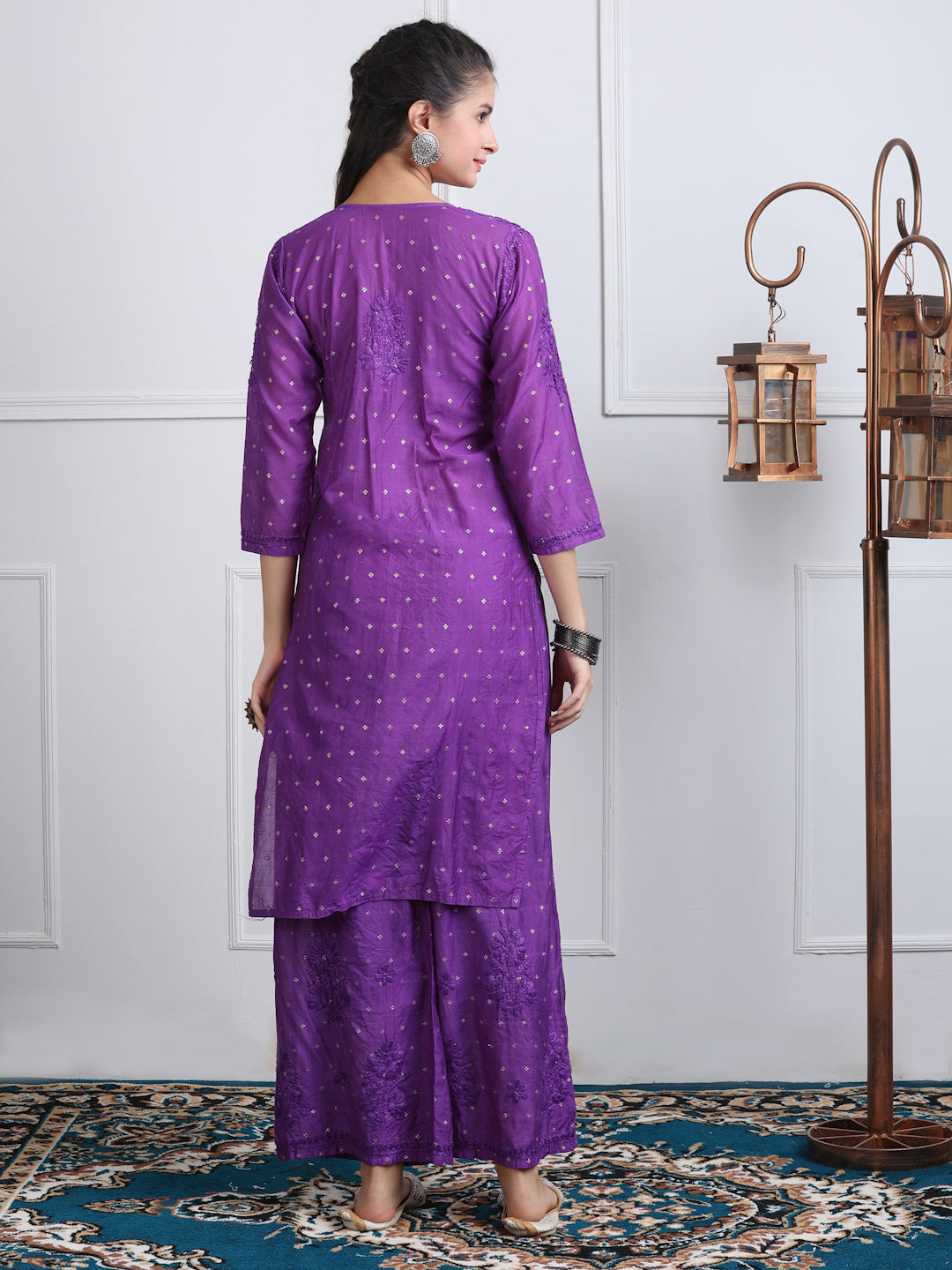 Women's Premium Dyed Chanderi Silk Chikankari Kurti and Palazzo Set
