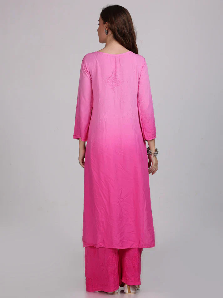 Ombre Dyed Shaded Rayon Chikankari Kurti, Palazzo and Dupatta Set.