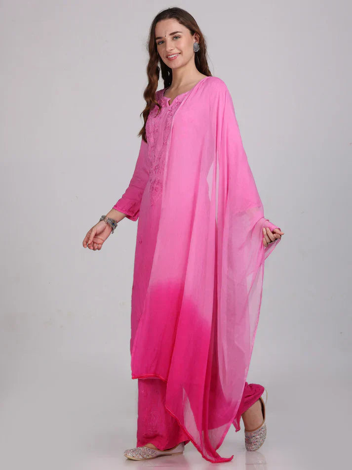 Ombre Dyed Shaded Rayon Chikankari Kurti, Palazzo and Dupatta Set.