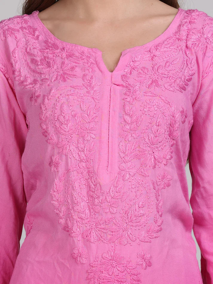 Ombre Dyed Shaded Rayon Chikankari Kurti, Palazzo and Dupatta Set.
