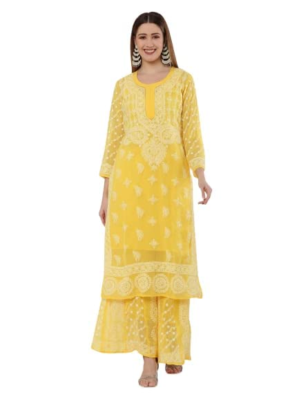Premium Chiffon Georgette Chikankari Handwork Kurti with Sharara & Matching Cotton Inner Set