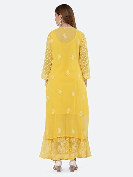 Premium Chiffon Georgette Chikankari Handwork Kurti with Sharara & Matching Cotton Inner Set