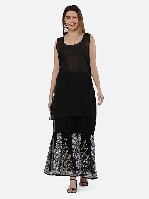 Premium Chiffon Georgette Chikankari Handwork Kurti with Sharara & Matching Cotton Inner Set