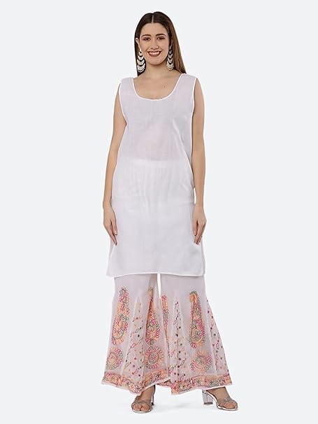 Premium Chiffon Georgette Chikankari Handwork Kurti with Sharara & Matching Cotton Inner Set