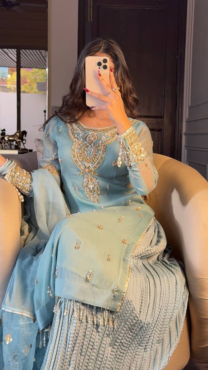 Azure Luxe Embroidery Ensemble Top-Bottom And Dupatta Set