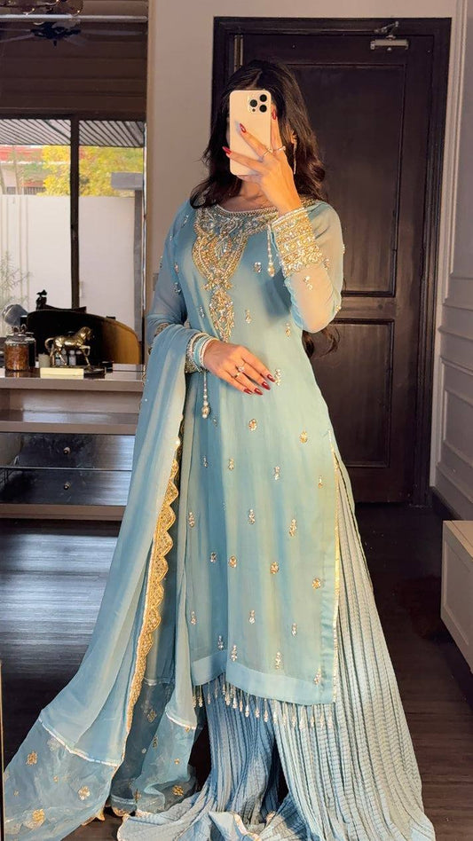 Azure Luxe Embroidery Ensemble Top-Bottom And Dupatta Set