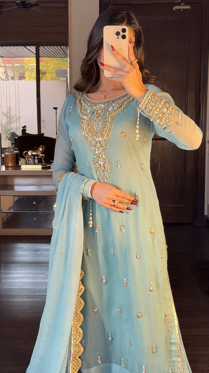 Azure Luxe Embroidery Ensemble Top-Bottom And Dupatta Set