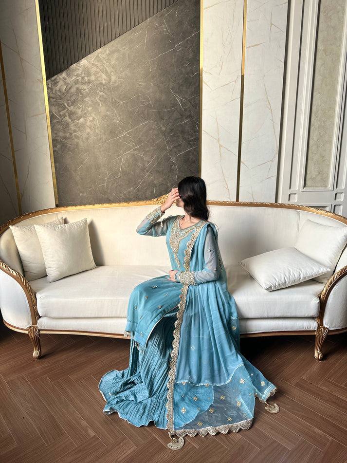 Azure Luxe Embroidery Ensemble Top-Bottom And Dupatta Set
