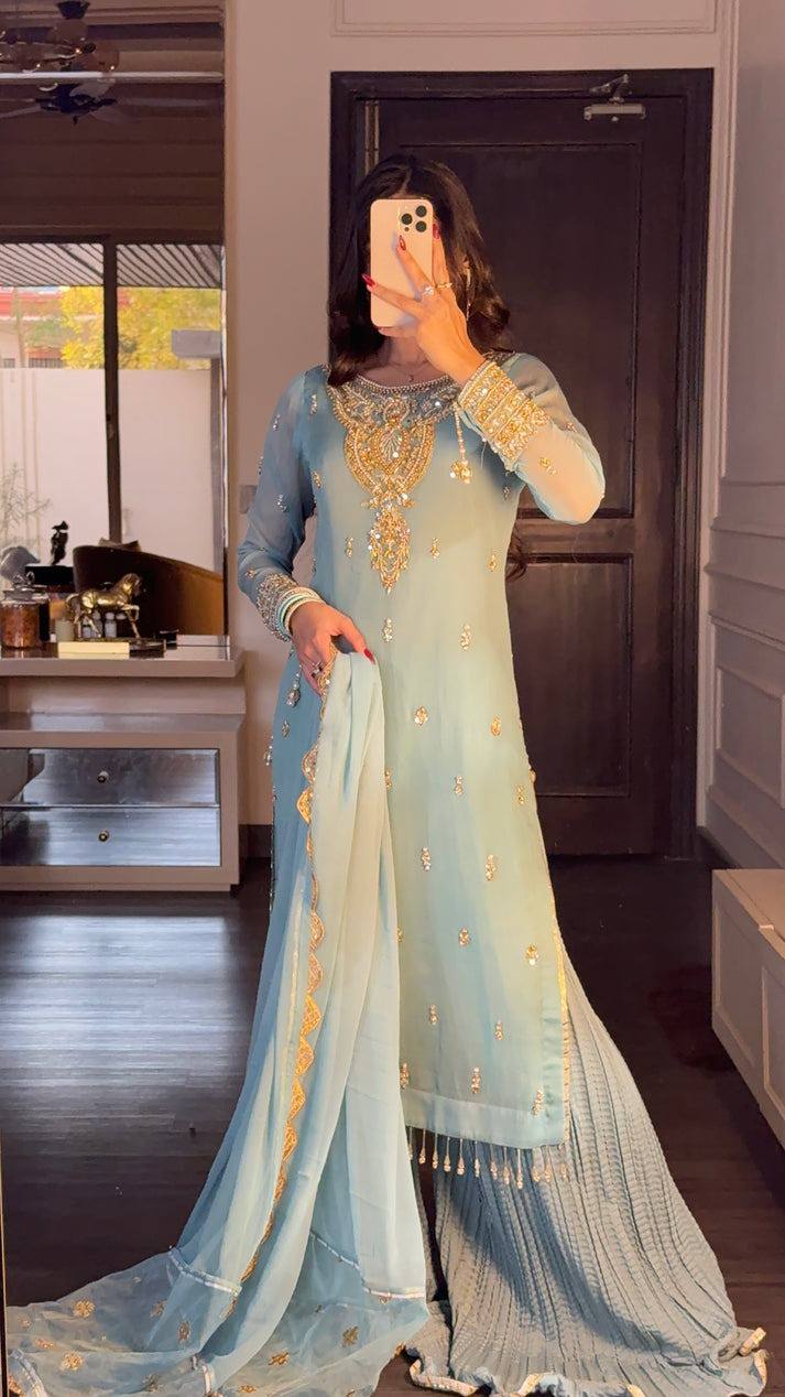 Azure Luxe Embroidery Ensemble Top-Bottom And Dupatta Set