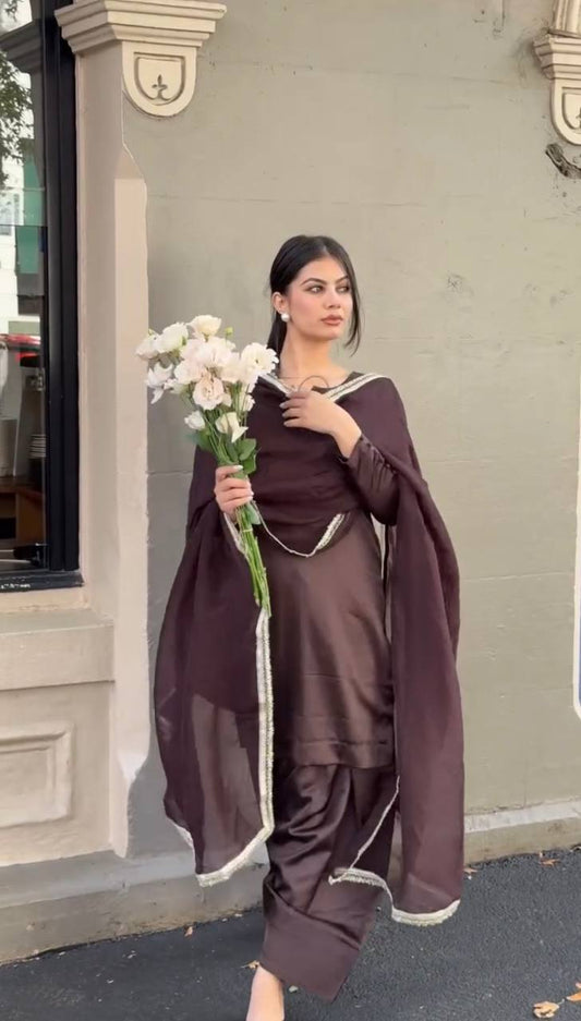 Brown Top-Bottom And Blooming Georgette Dupatta  Suit