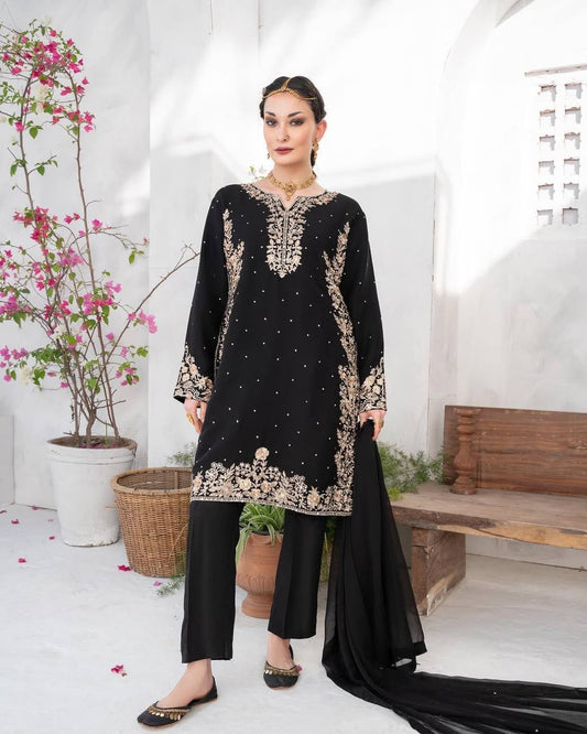 Black Suit Adorned with Golden Embroidery