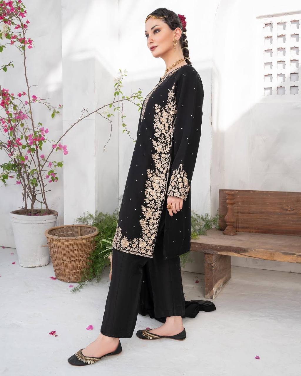 Black Suit Adorned with Golden Embroidery