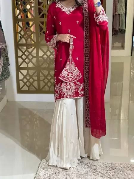 A Showcase of Pakistani Dress Styles in Four Captivating Colors Worn by a Graceful Woman