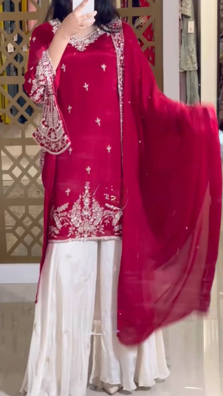 A Showcase of Pakistani Dress Styles in Four Captivating Colors Worn by a Graceful Woman