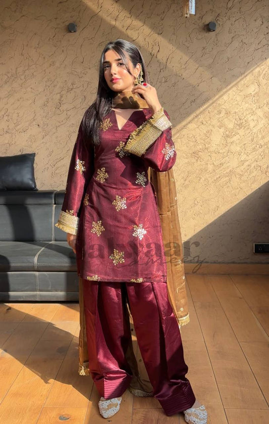 A Portrait of Grace in a Luxurious Maroon Ensemble