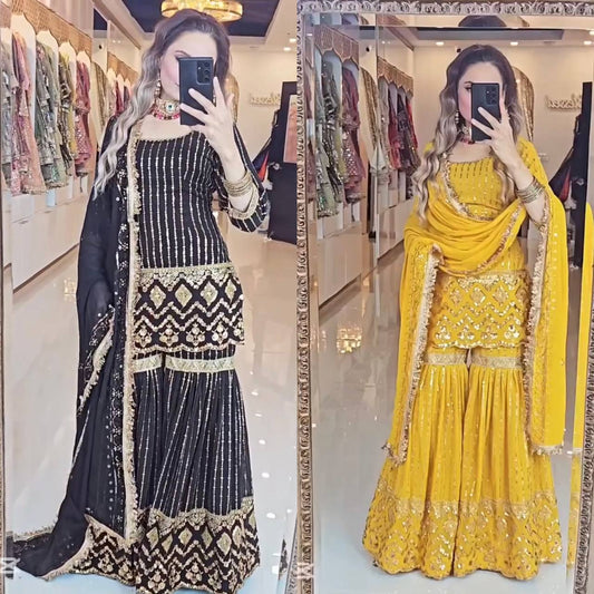 A Captivating Showcase of a Woman in Bold Black and Vibrant Yellow Attire
