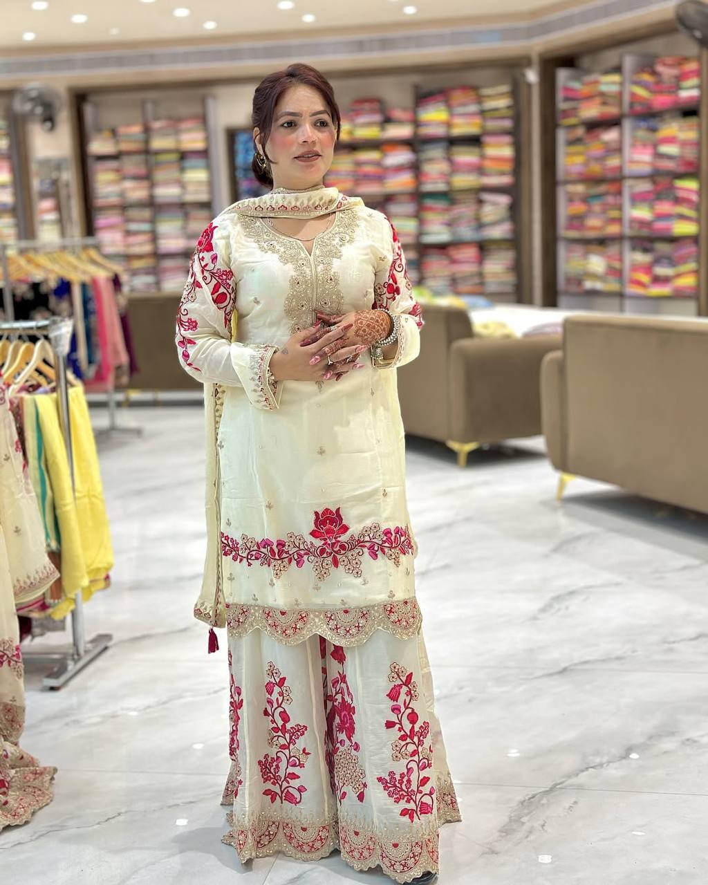 A Fashionable Woman in a White and Pink Suit Ensemble