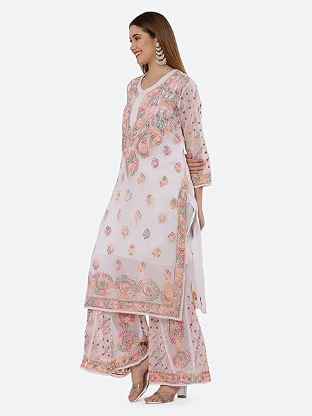 Premium Chiffon Georgette Chikankari Handwork Kurti with Sharara & Matching Cotton Inner Set