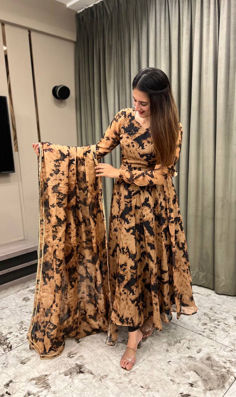 Coffee Printed Anarkali Gown With Pant & Dupatta Set