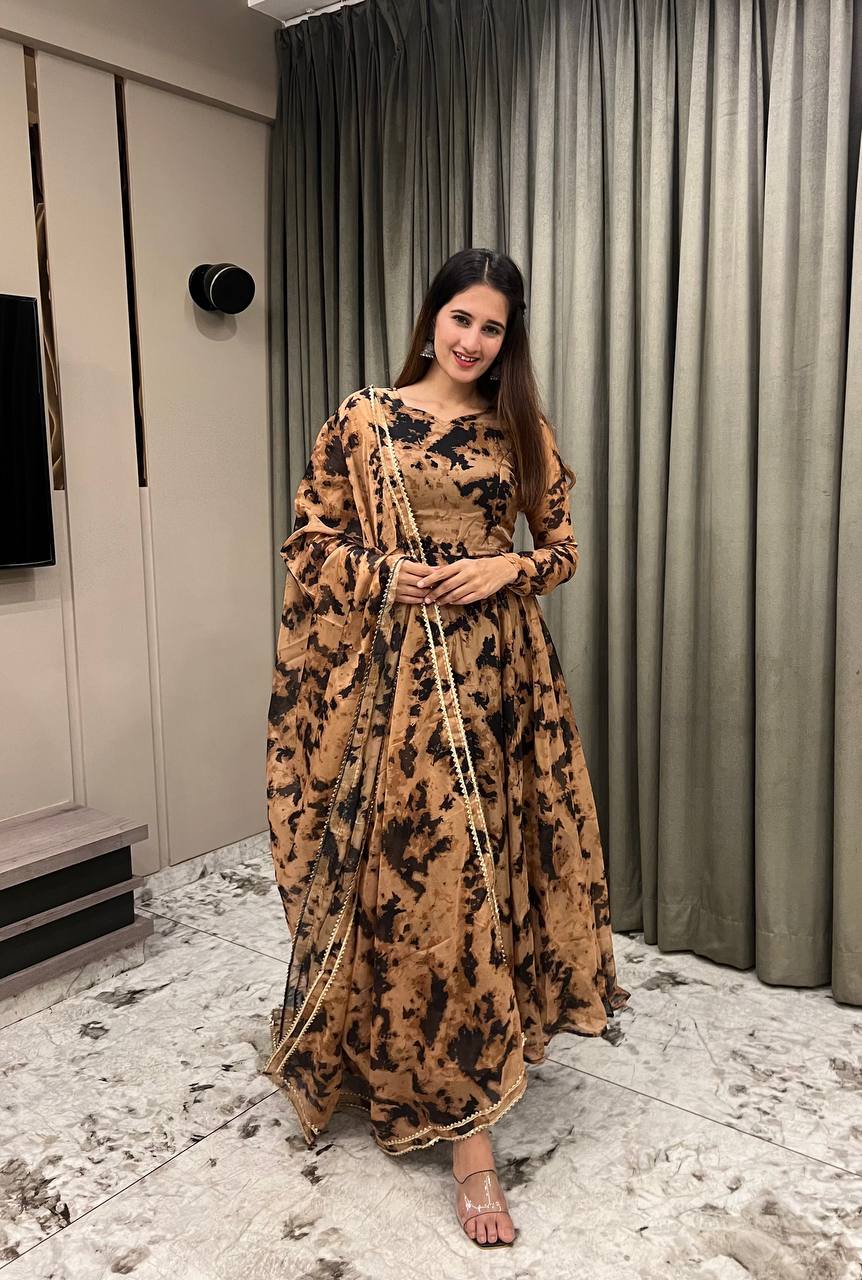 Coffee Printed Anarkali Gown With Pant & Dupatta Set