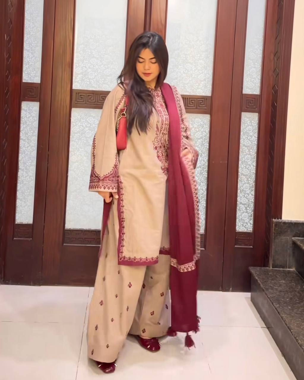 A Fashion Statement in Beige and Red