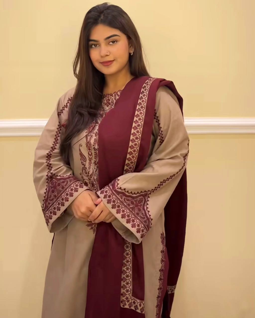 A Fashion Statement in Beige and Red