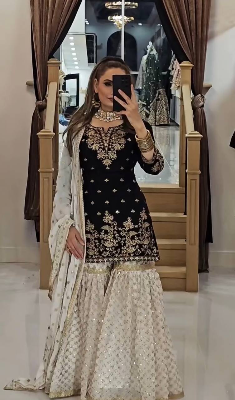 Black and Gold Sharara Set with Ivory Accents